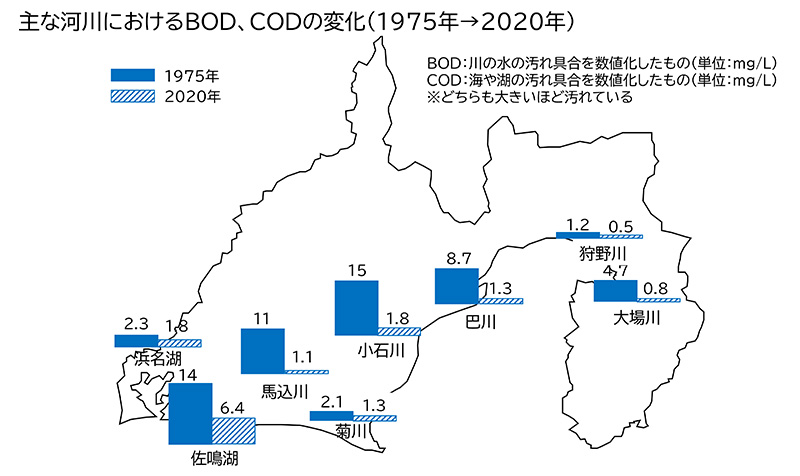 主な河川におけるBOD、CODの変化（1975年→2020年）